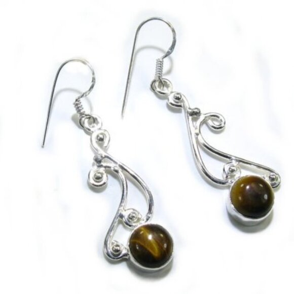 Silver Tiger Eye Stone Scroll Earrings - Picture 1 of 3